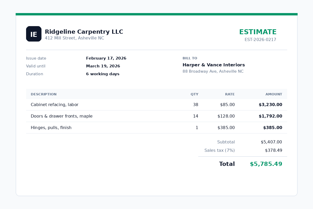 Example project estimate template showing cabinet refacing labor and materials, a validity date and a total of $5,785.49