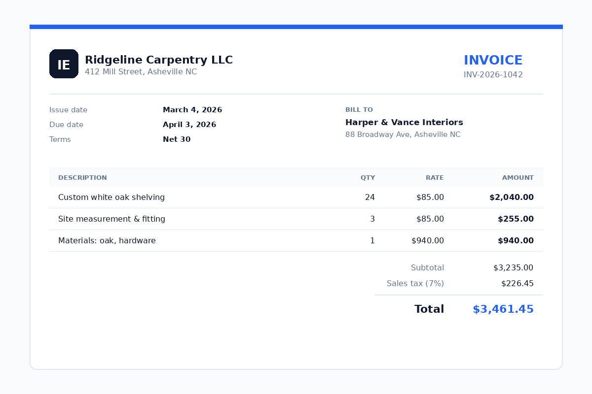 Example professional invoice template showing itemized carpentry line items, quantity, rate, 7% sales tax and a total of $3,461.45