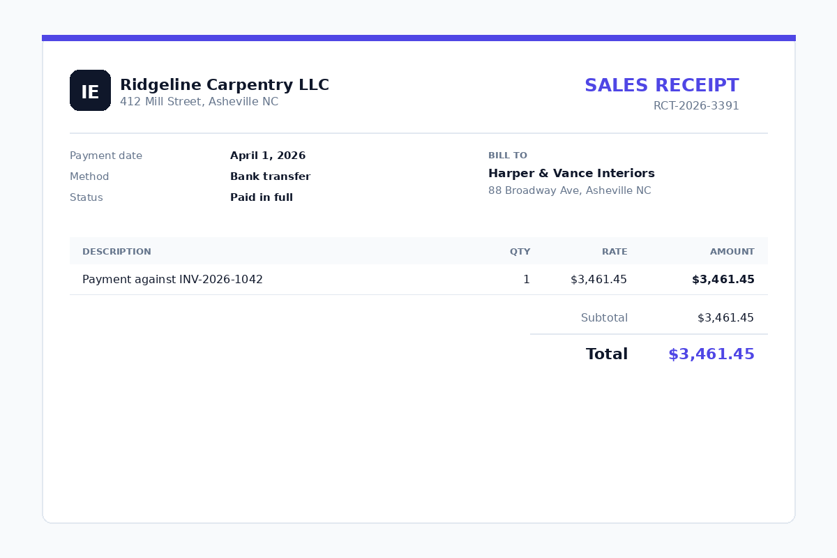 Example sales receipt template showing proof of a $3,461.45 bank transfer payment marked paid in full